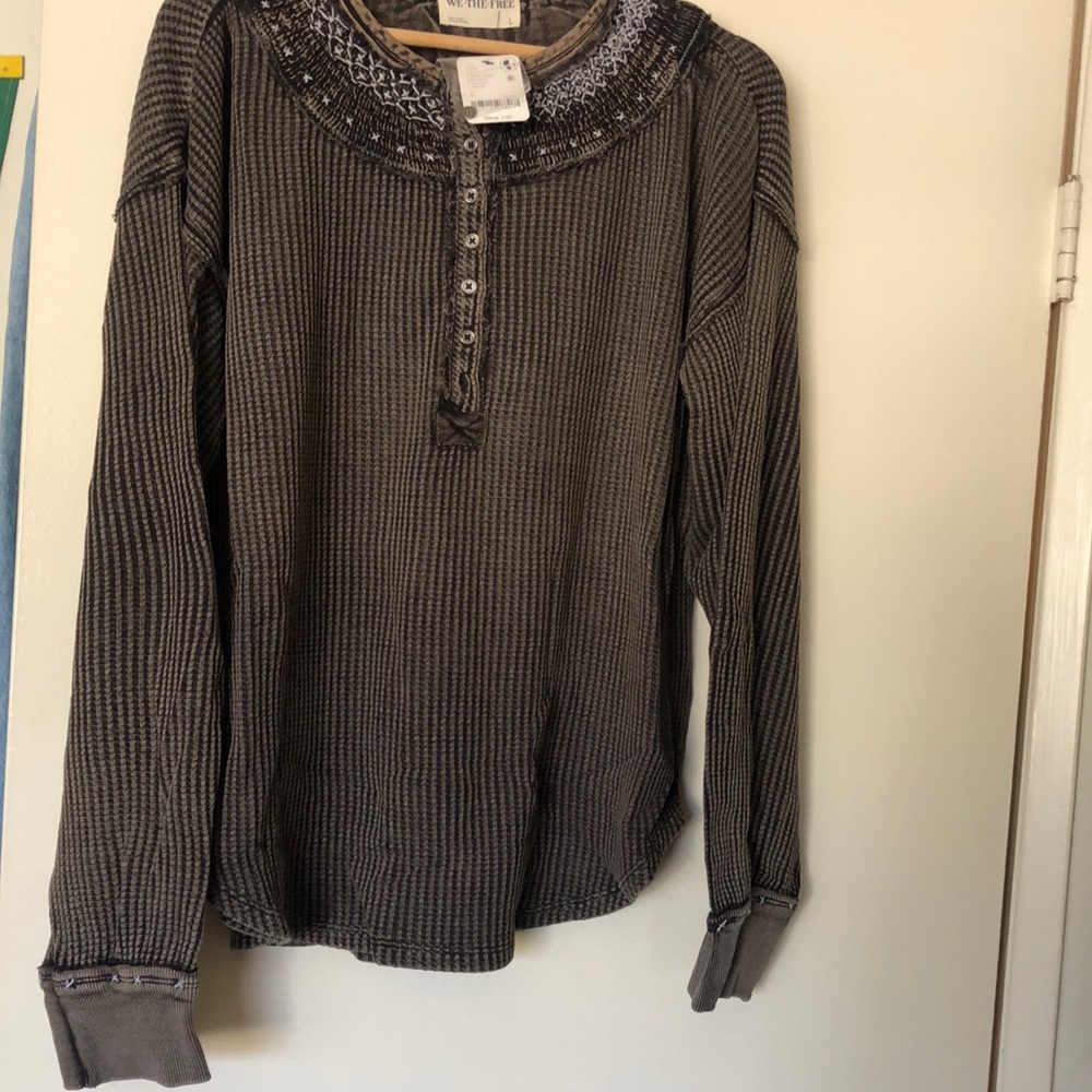 Free People Black and Gray Waffle Knit Top